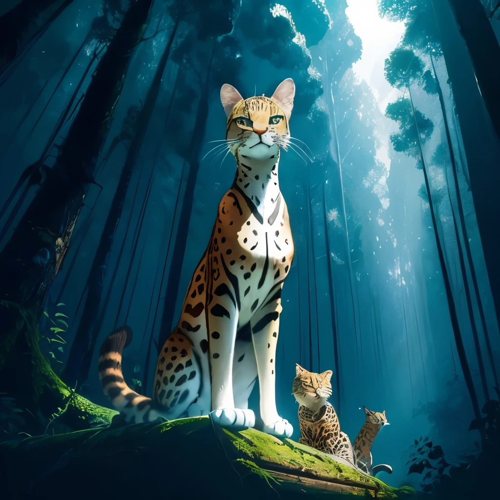 araffe sitting on a log in the woods looking up, margay, amazonian, michel ocelot, jaguar, beautiful!!!!!!!!!, has a very realistic look to it, beautiful!, beautiful”, spotted ultra realistic, beautiful gorgeous, majestic!!! beautiful!!!, beautiful cat, by Juergen von Huendeberg, beutiful, cat in the forest, gorgeous and beautiful