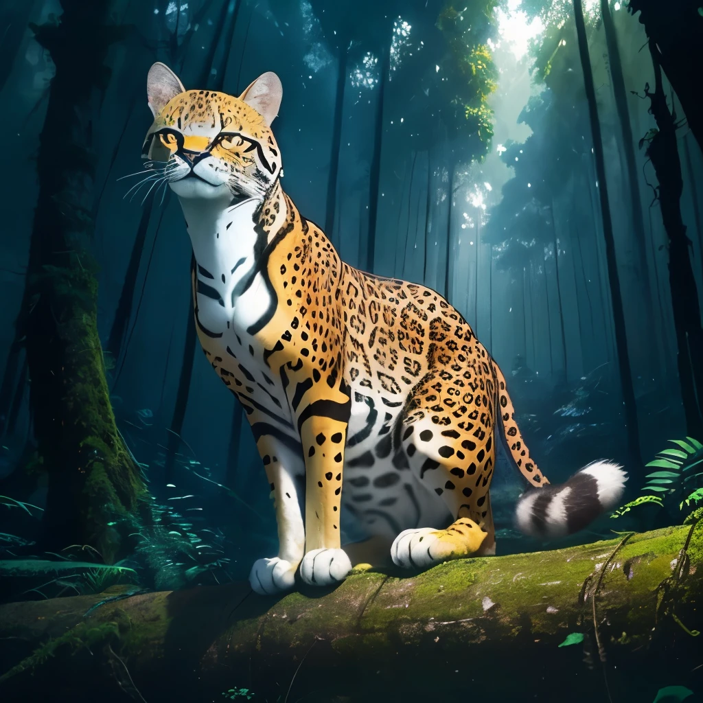 araffe sitting on a log in the woods looking up, margay, amazonian, michel ocelot, jaguar, beautiful!!!!!!!!!, has a very realistic look to it, beautiful!, beautiful”, spotted ultra realistic, beautiful gorgeous, majestic!!! beautiful!!!, beautiful cat, by Juergen von Huendeberg, beutiful, cat in the forest, gorgeous and beautiful