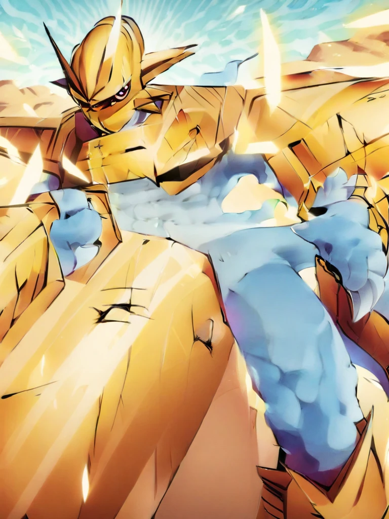 solo,angry Magnamon,tall, musclar,blue and white skin,(battle damaged:1.5),(topless Magnamon:2),(armor fragments:1.5),(shirtless:1.5), fighting_stance, in desert ,full_shot