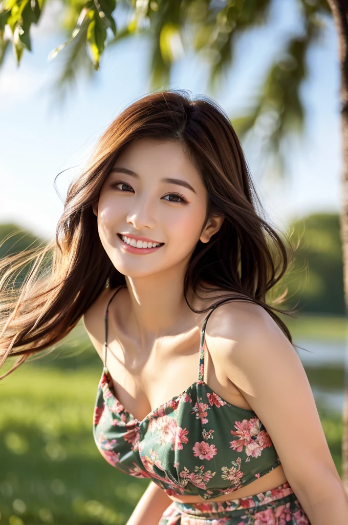 8K Super Resolution、Beauty、One Woman、Dark Brown Hair:1.1、Highly detailed face、Lips detail、important、(Eyes meet)、double eyelid、Princess Eyes、Beautiful Japanese Women、Beautiful Japanese Women、Sensual lips、Bewitching body、20th Generation、(21 years old)、far and near method、 Realistic Japanese women、Wearing a super realistic detailed floral tank top and mini skirt、Hair blowing in the wind、I can see your chest、Crisp images、The delicate sparkle of the eyes、Ultra-realistic detailed park with river、リアルで詳細なBeautiful breasts、color々Hair style、Smiling with a nice smile、Beautiful breasts、