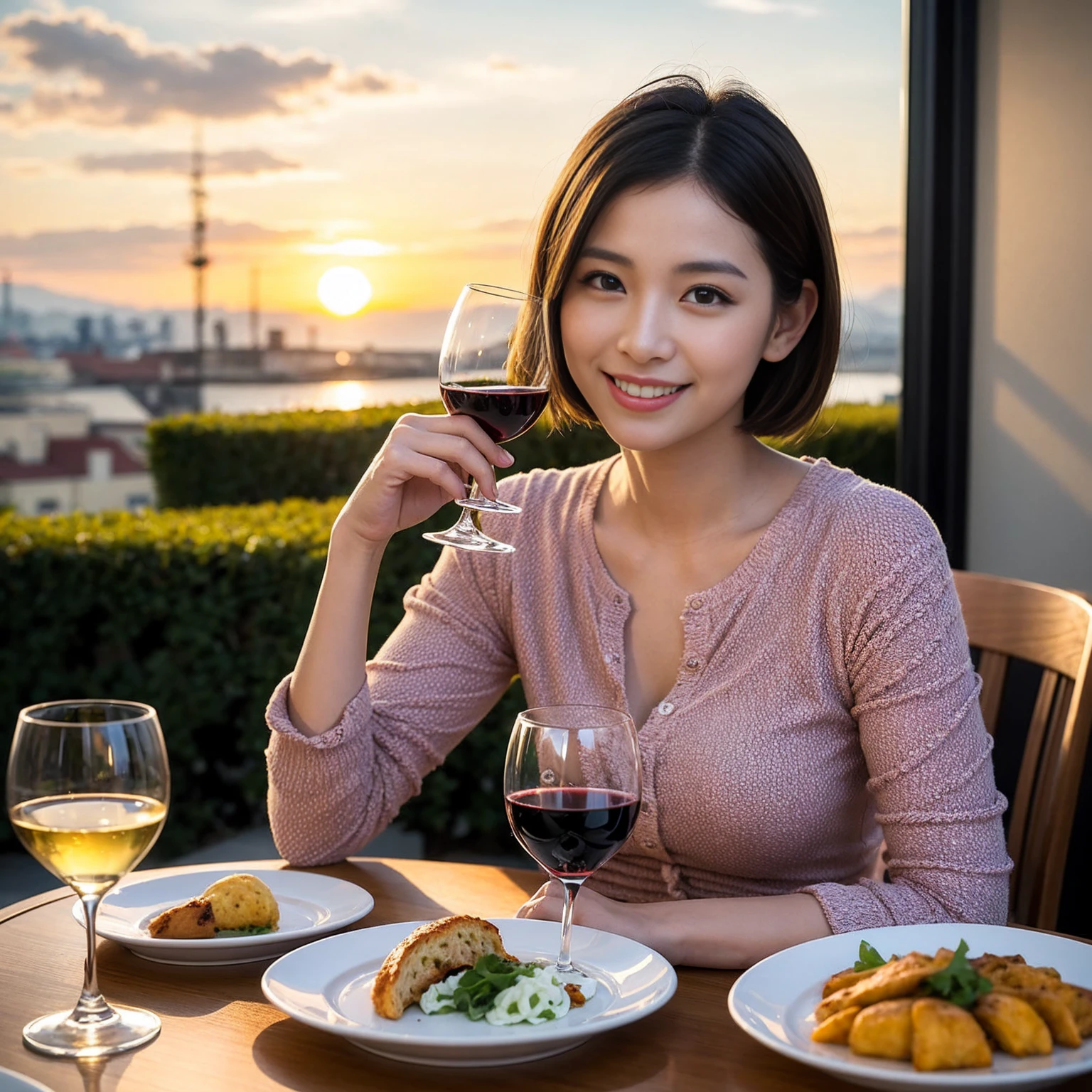((Highest quality、8k、masterpiece:1.3))、 (Genuineistic, Genuine、Bright image、Intricate details:1.2), 最高のsmile 男性1人 女性1人、美しいCouple、lover、Relatives and friends、actress Couple、Couple、モデルCouple、smile、Full-course dinner at a packed table、テーブルにwine glass、 (Slim face), (the body is slim), (Brown Hair), (short hair), Please shine a light on my face、 Amazing view of the sunset sky and clouds、 (age 34), 38 years old, red wine 、Appetizers、Wine bottle、sparkling wine、Long sleeve shirt、dress、White wine, red wine, wine glass, 