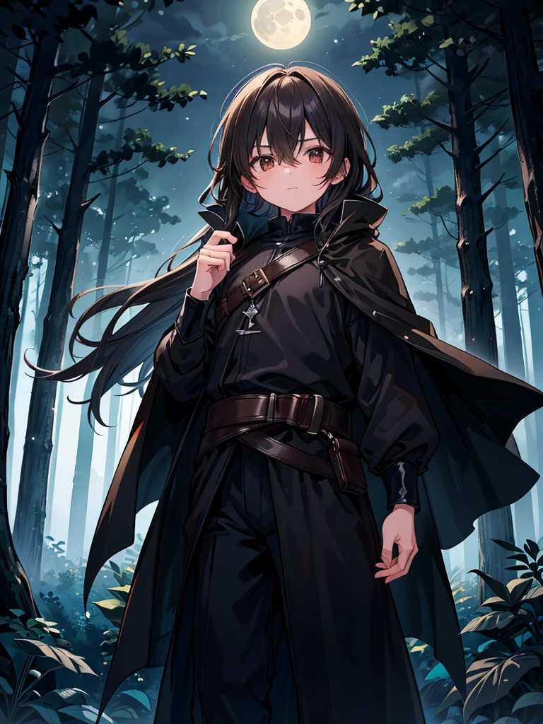 A young 10-year-old boy. He has warm brown eyes. His hair is a pitch black. He sports a flowing black cloak. The moonlight brightens the dark forest around him. His face is masculine