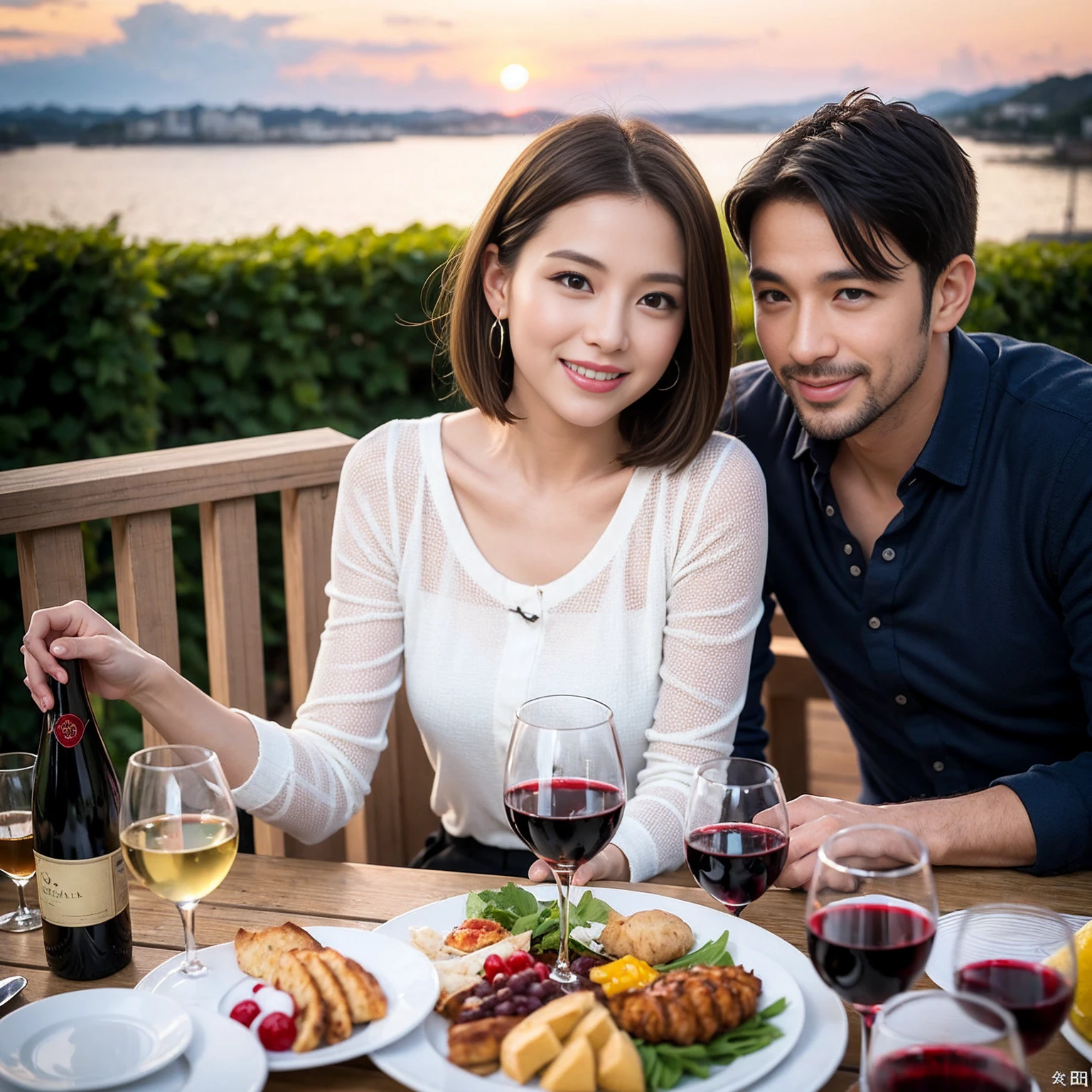 ((Highest quality、8k、masterpiece:1.3))、 (Genuineistic, Genuine、Bright image、Intricate details:1.2), Best smile 1 man 1 woman、Beautiful Couple、Lovers、Relatives and friends、actress couple、couple、Model Couple、Smile、A full-course dinner with a full table、テーブルにwine glass、 (Slim face), (The body is slim), (Brown Hair), (short hair), Please shine a light on my face、 Amazing view of the sunset sky and clouds、 (age 34), 38 years old, red wine 、Appetizers、Wine bottle、sparkling wine、Long sleeve shirt、dress、White wine, red wine, wine glass, 