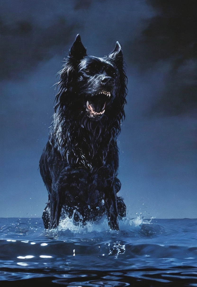 giant angry black dog in water at night, blue background