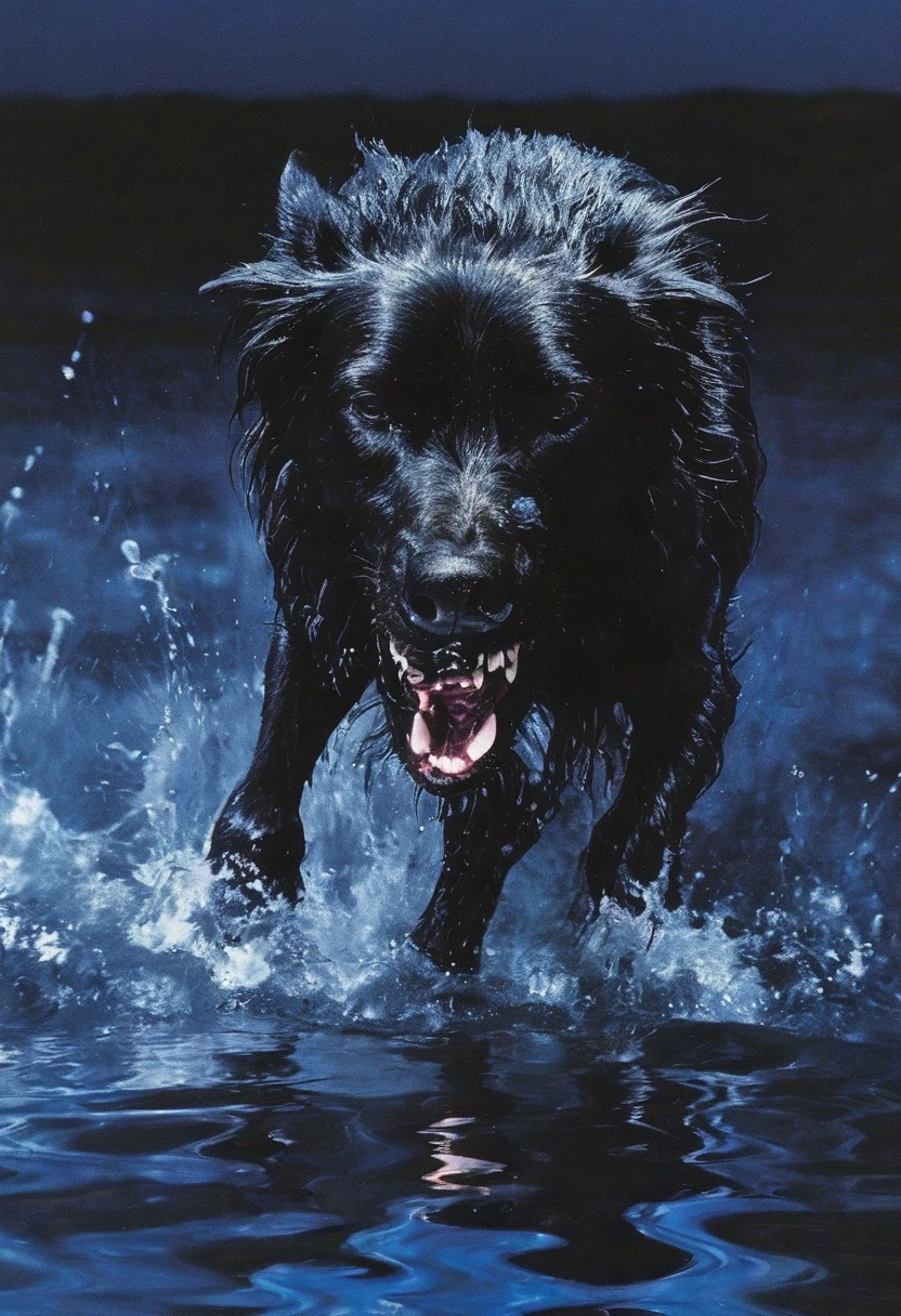 giant angry black dog in water at night, blue background