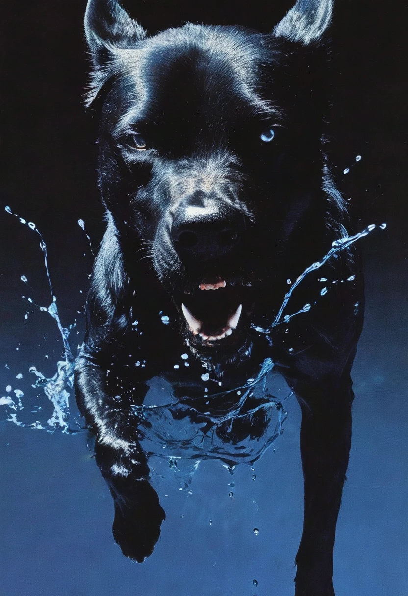 giant angry black dog in water at night, blue background