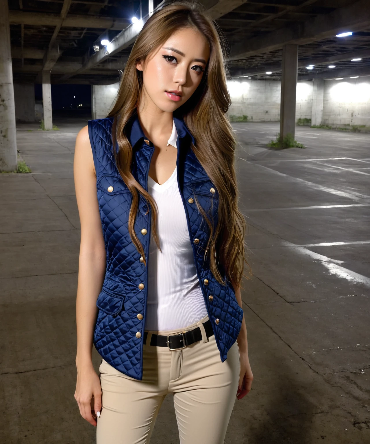 beautiful sexy anime girl with long brown hair, wearing white sleeveless button up collared shirt with a blue quilted vest over it & beige khaki pants, inside of a abandoned parking garage at night time, 1girl