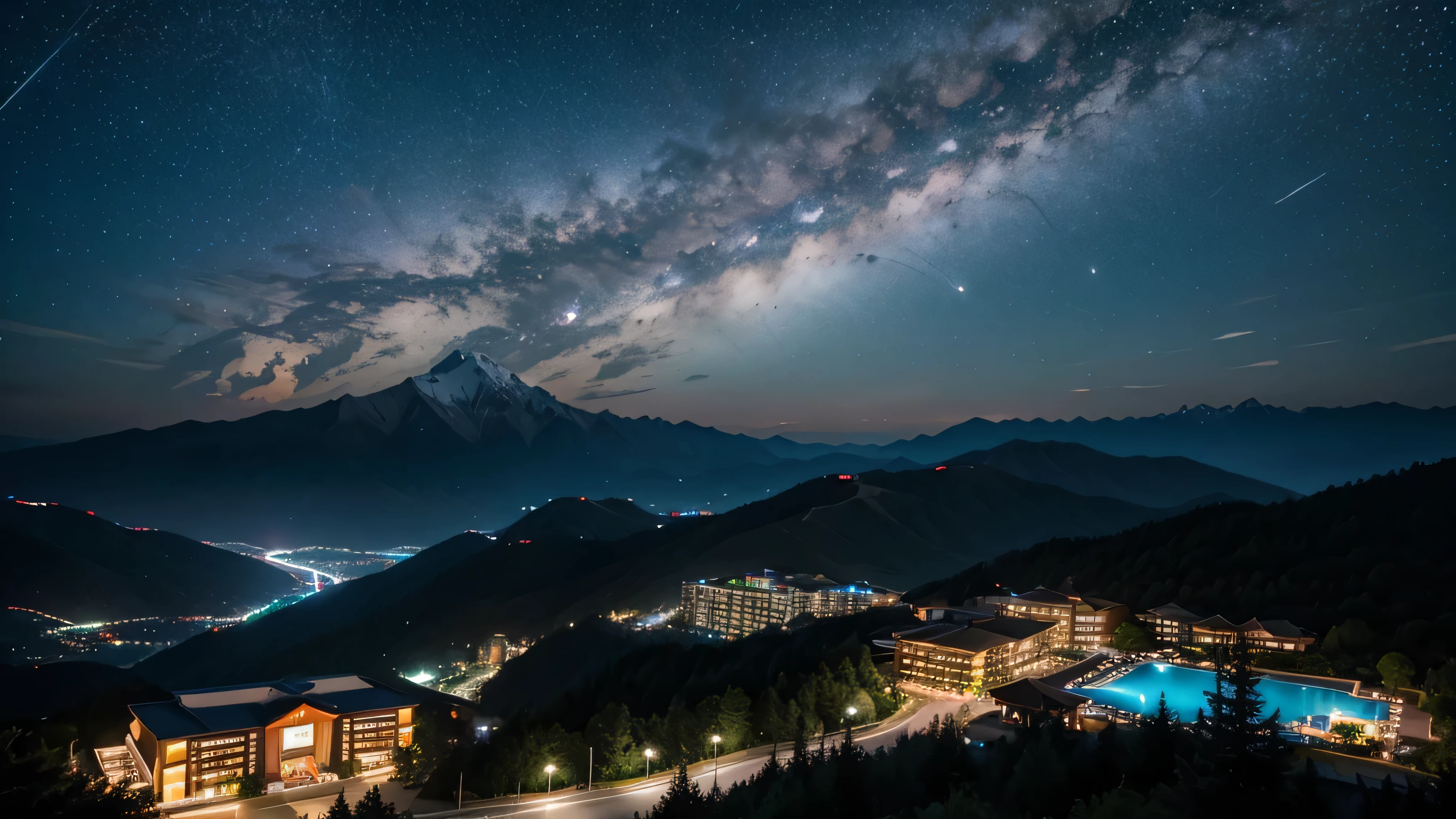 Night view of mountain resort and resort hotel。You can see the Milky Way