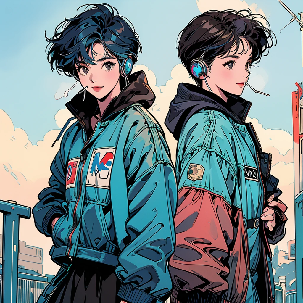 whole body、Kind Face、One beautiful woman、Hooded parka、skirt、pedestrian crossing、Signal 、intersection、Complex background、Brown Hair、smile、Blue Hair、Faint lighting、Wearing headphones、short hair,Smoke a cigarette