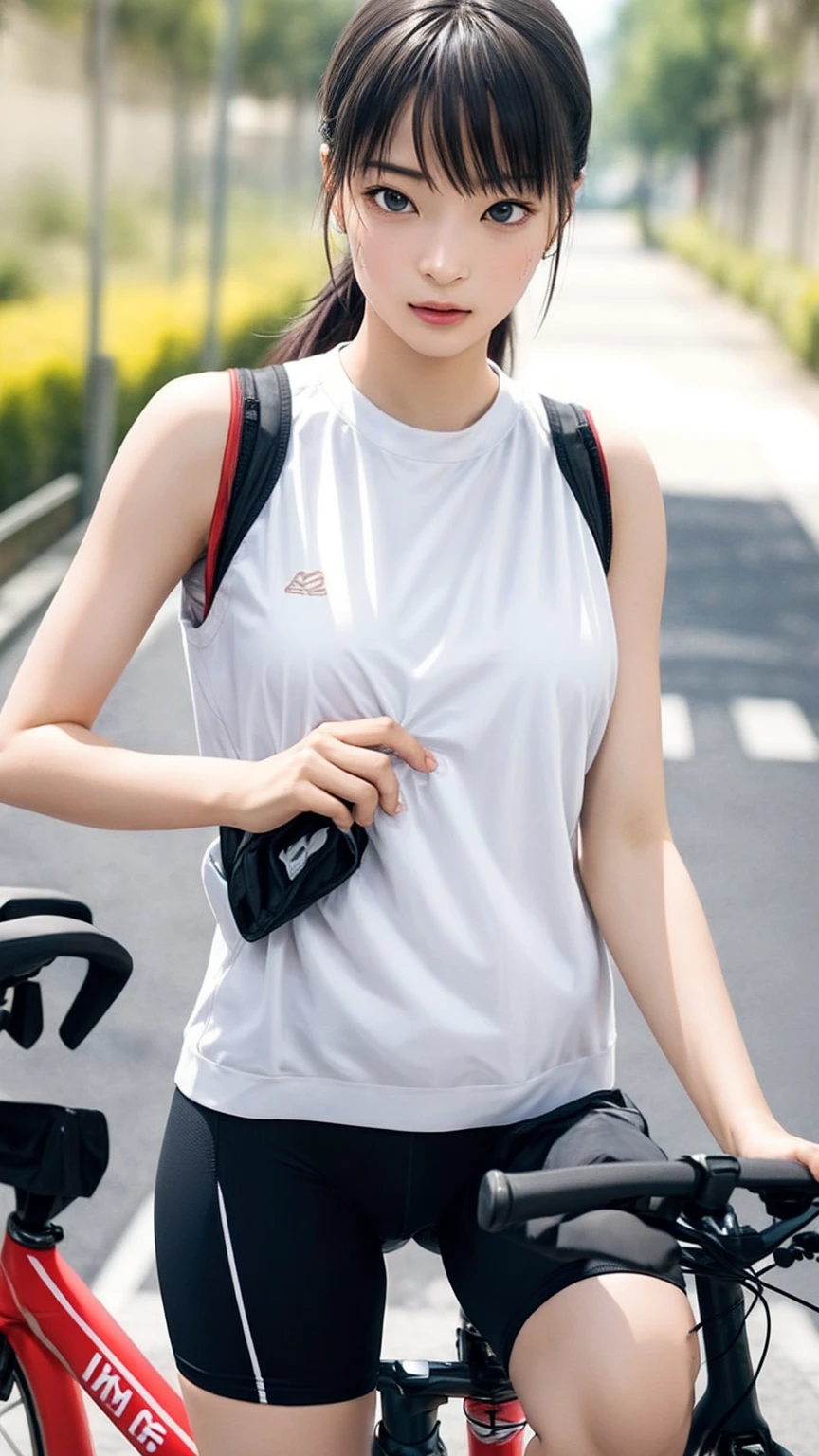 8K quality、High resolution、Realistic skin texture、High resolutionの瞳、woman、Sleeveless cycling wear、Princess Hair、thin、リアルなwoman性器、Small and young breasts、、Beautiful cleavage、Gray Hair、thin脚、Sweating profusely、Sweat accumulates in the chest、Straddling a bicycle、Show your belly button、Shooting from the side