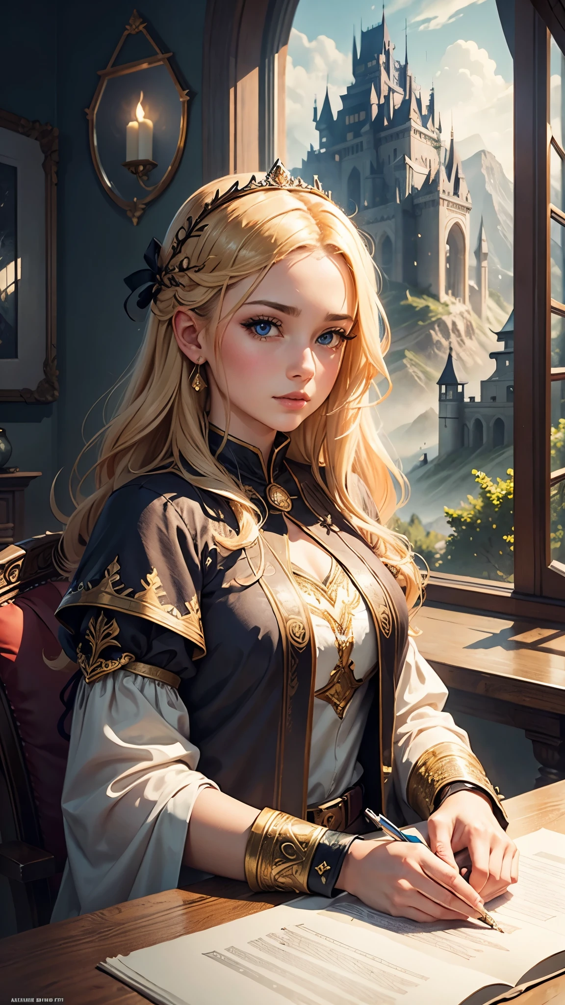 (masterpiece), (best quality), illustration, (fantasy:1.4), perfect female face, solo, cute detailed digital art, beautiful face, golden hair, castle, mountain, a young woman, 16 years old, paper_cut