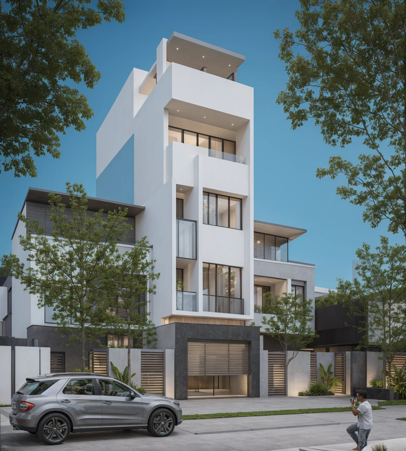 RAW photo, Exterior of two story white modern house, road, ((sidewalk)), ((sidewalk trees)), residences area, day time, tropical trees and plants, (high detailed:1.2), 8k uhd, dslr, soft lighting, high quality, film grain, Fujifilm XT3)