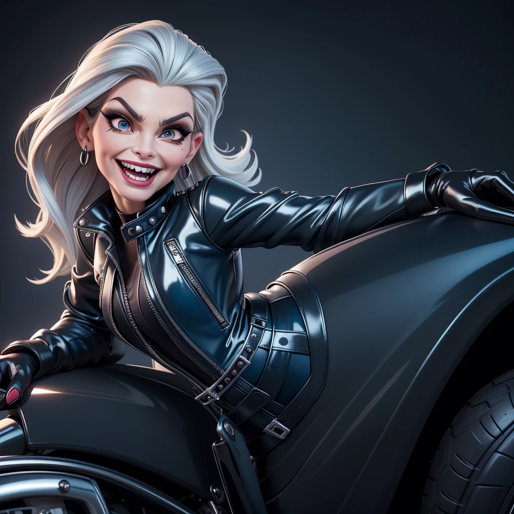 obra prima, melhor qualidade, (cruella deville, michelle pfeiffer, vamp 70yo face wrinkles,) head back, sassy wicked girl, big toothy smile, open mouth, maniacal, extreme, thick smoky black eye shadow, long fake eyelashes, raven black mullet hair, ((metallic blue pvc biker jacket and pants,)) with studs zippers snaps, shiny leather gloves, body is skinny, laying down on hood of sports car, shiny tight buttocks, dazzle, pinup, exaggerated selfie, lap dance, camera view of whole body, looking up at me, shallow depth of field, highres, HD, 8k, anatomically correct