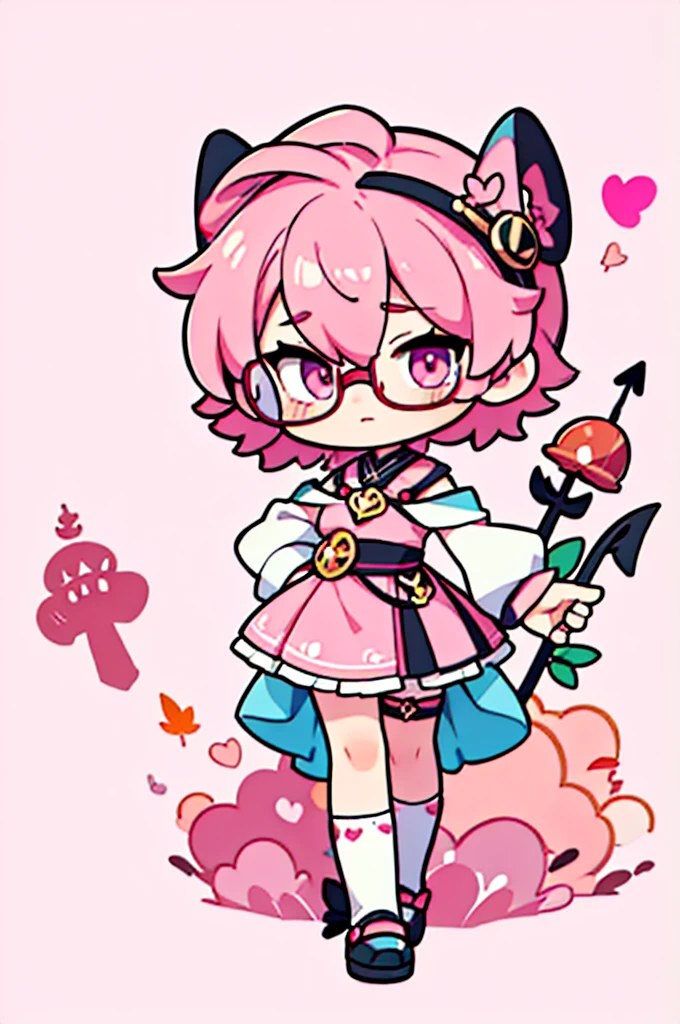 1 person , man ,Short haircut ,cartoon girl with pink hair and glasses wearing a crown, ((pink)), Official fan art, The delicate androgynous prince, anime moe art style, cute art style, Chibi style, 🍁 cute, Kawaii Chibi, ❤🔥🍄🌪, Chibi Art, Fan Art Demon Slayer Rui, cute character, Maple character art, High quality fan art