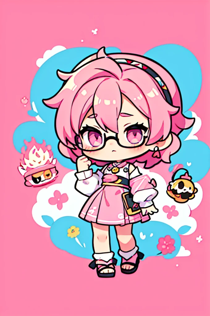 1 person , man ,Short haircut ,cartoon girl with pink hair and glasses wearing a crown, ((pink)), Official fan art, The delicate androgynous prince, anime moe art style, cute art style, Chibi style, 🍁 cute, Kawaii Chibi, ❤🔥🍄🌪, Chibi Art, Fan Art Demon Slayer Rui, cute character, Maple character art, High quality fan art