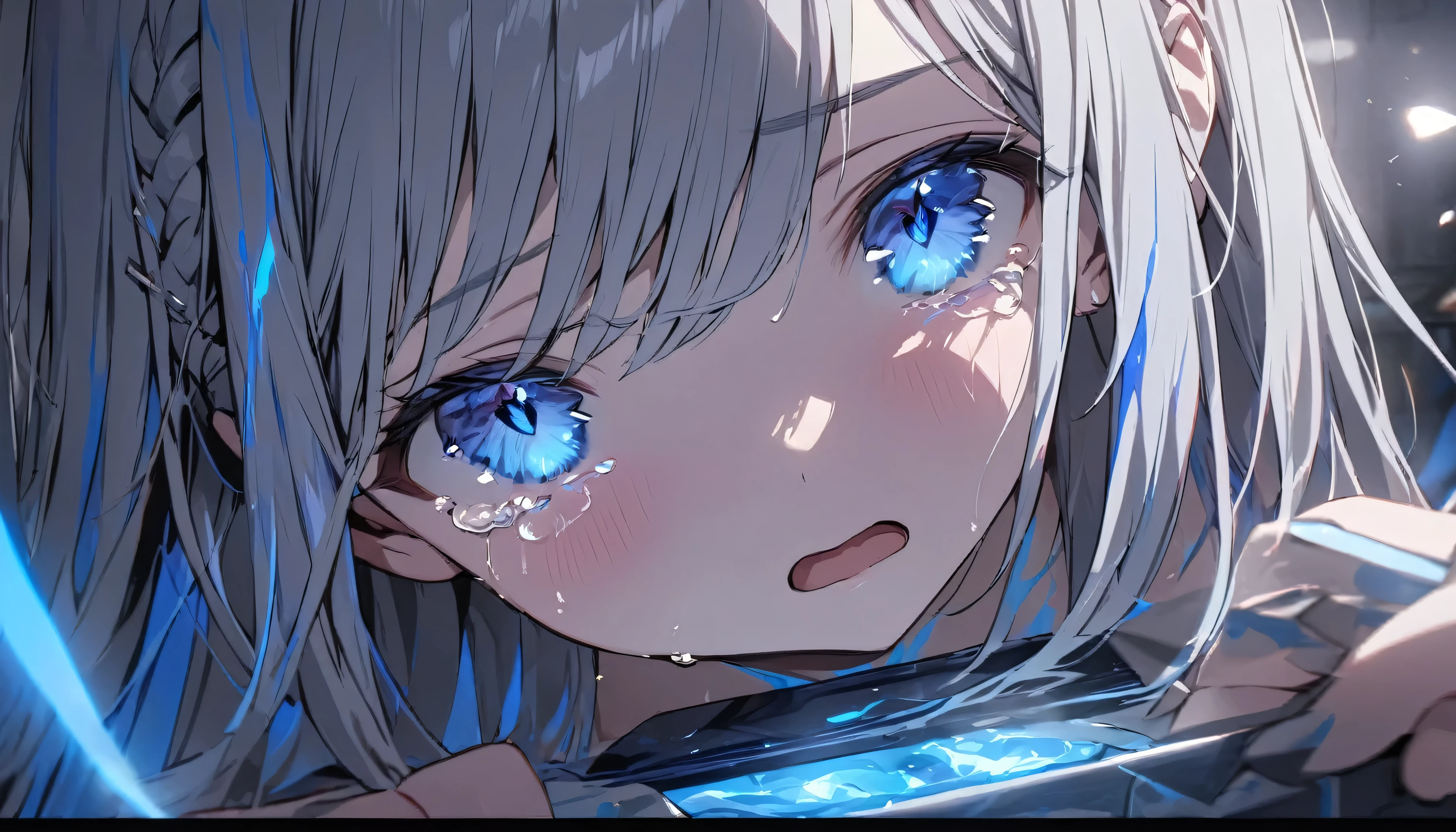 Resolution full, fireball, nude, only eyes, only showing eyes, focus eyes, focus at girl eyes, just girl face, very accurate, best quality, masterpiece, cinematic lighting, full HD, very sharpener, best art, very accurate, beautiful girl, pretty girl, cute girl, young girl, medium breast, The girl's hand holding blue fireball, open mouth, top body, (grey hair), long hair, Braid hair, ahoge hair, straight hair, straight hair bangs, beautiful hair and bangs hair, grey hair, hair clip, hair ribbon, Tears, crying, (bright blue eyes, glowing blue, eyes, detailed beautiful blue eyes), glowing blue tattoo at girl face, glowing blue tatto at girl face, hands girl holding fireball, girl kneeling, at ancient ruins