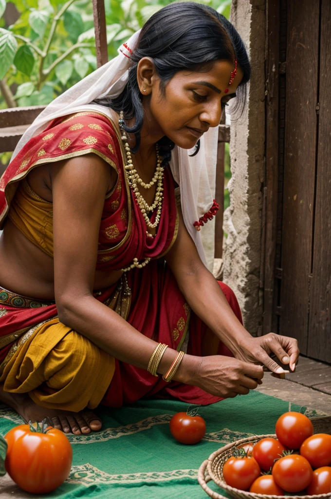 An old mother making a picture of Lord Krishna using tomatoes