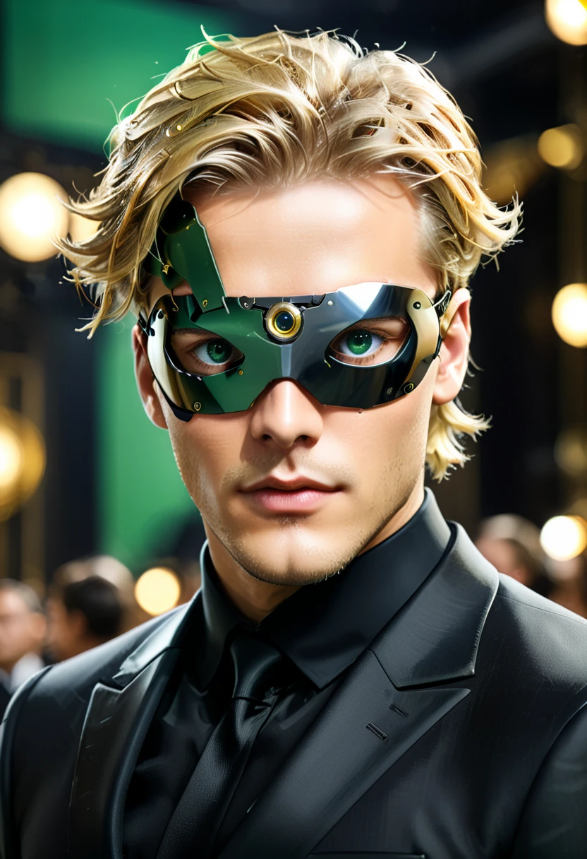 Arafed a picture of a human male spy, wearing dark suit, wearing ((mecha eye patch)), exquisite beautiful male, blond hair, short crop hair, green eyes, eye patch has intricate mechanical part in it, high society gala event background, (Masterpiece: 1.5), 16k, highres, best quality, high details, ultra detailed, masterpiece, best quality, (extremely detailed), ((only one eyed covered: 1.5))