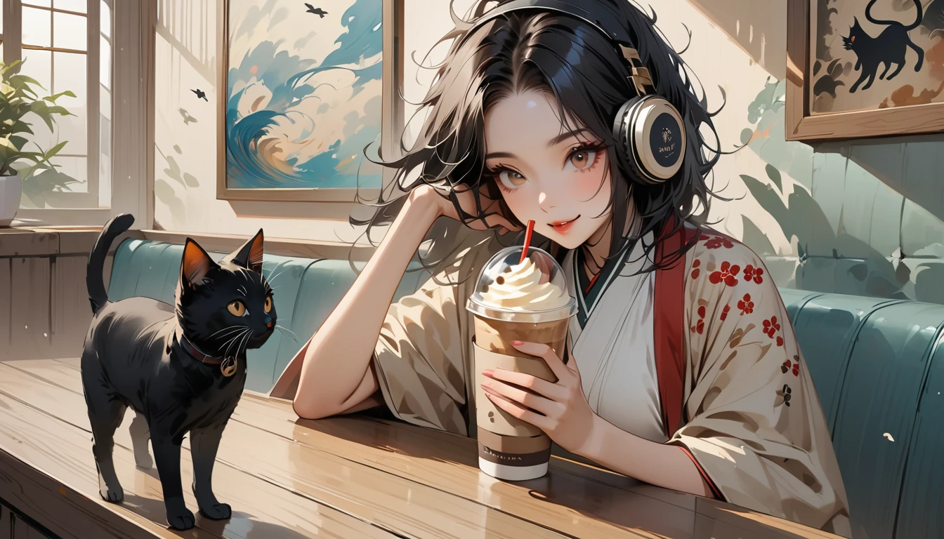 ((Masterpiece, high resolution, highest quality, highest quality real texture skin)), (1 girl), (wearing Japanese pattern headphones), (slender, double round and large Eyes, tongue slightly sticking out, beautiful lips, whole body), (wearing Japanese pattern haori: 1.4, Japanese pattern shorts: 1.3) , (black hair, beautiful shiny hair, bob, beige skin), (((Smiling and drinking iced coffee))), (((Cafe with a calm atmosphere))), (((One black cat))), (Black hair, messy hair, beige skin), (Surreal, digital painting)