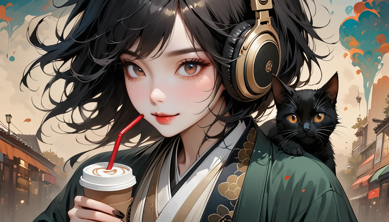 ((Masterpiece, high resolution, highest quality, highest quality real texture skin)), (1 girl), (wearing Japanese pattern headphones), (slender, double round and large Eyes, tongue slightly sticking out, beautiful lips, whole body), (wearing Japanese pattern haori: 1.4, Japanese pattern shorts: 1.3) , (black hair, beautiful shiny hair, bob, beige skin), (((Smiling and drinking iced coffee))), (((Cafe with a calm atmosphere))), (((One black cat))), (Black hair, messy hair, beige skin), (Surreal, digital painting)