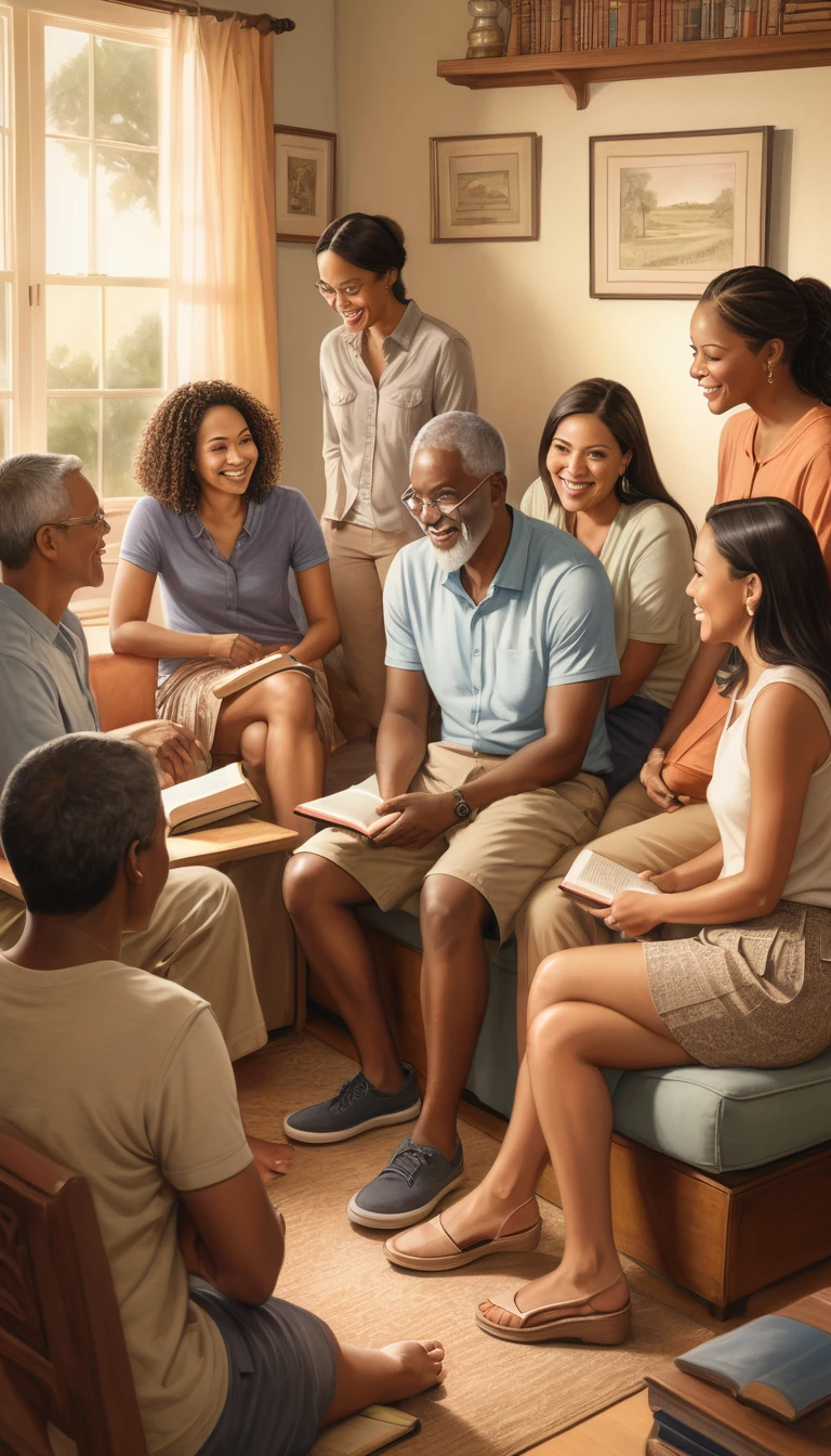 a detailed pencil drawing of a diverse group of people of various ethnicities and ages, dressed casually in shorts, skirts, and pants, in a domestic setting, involved in a Bible study meeting, with subtle line details for added depth, warm color temperature, relaxed expressions, soft lighting, inviting atmosphere, showcasing an artisanal and authentic effect, soft shading, cozy atmosphere