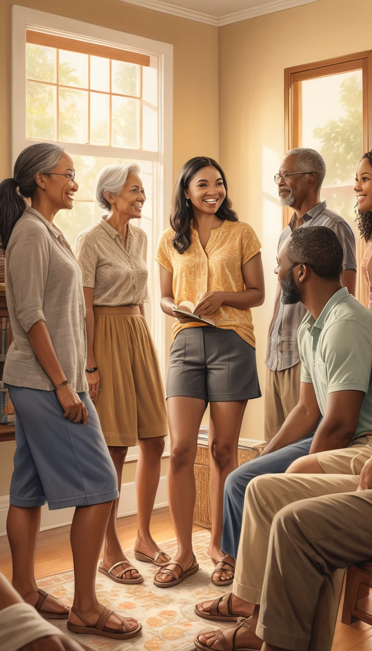 a detailed pencil drawing of a diverse group of people of various ethnicities and ages, dressed casually in shorts, skirts, and pants, in a domestic setting, involved in a Bible study meeting, with subtle line details for added depth, warm color temperature, relaxed expressions, soft lighting, inviting atmosphere, showcasing an artisanal and authentic effect, soft shading, cozy atmosphere