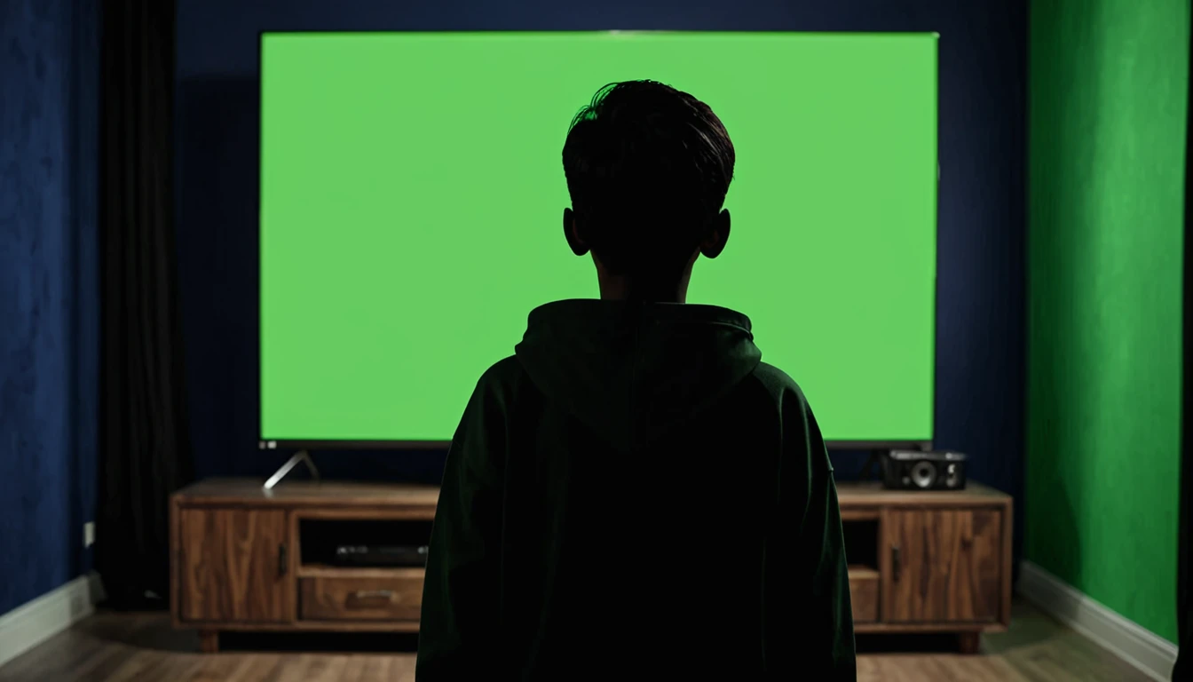 Mysterious dark boy back side watching green screen in TV background dark 