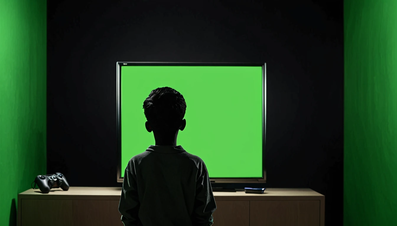 Mysterious dark boy back side watching green screen in TV background dark