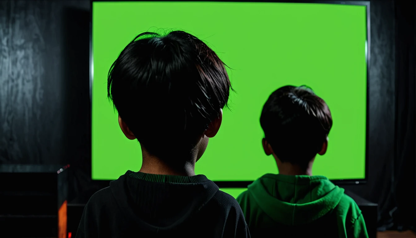 Mysterious dark boy back side watching green screen in TV background dark 