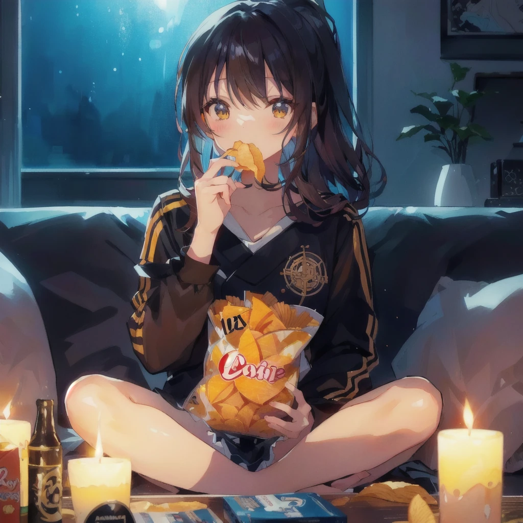 anime girl sitting on a couch eating a bag of chips, The candle is lit,anime style 4 k, Lo-fi Girl, 4k anime wallpaper, anime style. 8k, cute anime girl, anime. Soft lighting, anime wallpaper 4 k, anime wallpaper 4k, 4K Manga Wallpapers, anime girl, Eat chips and watch TV, anime lover, anime girls, anime vibes