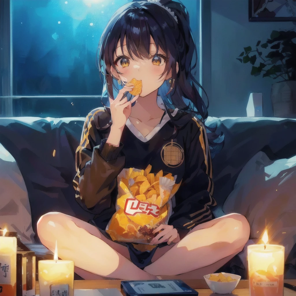 anime girl sitting on a couch eating a bag of chips, The candle is lit,anime style 4 k, Lo-fi Girl, 4k anime wallpaper, anime style. 8k, cute anime girl, anime. Soft lighting, anime wallpaper 4 k, anime wallpaper 4k, 4K Manga Wallpapers, anime girl, Eat chips and watch TV, anime lover, anime girls, anime vibes