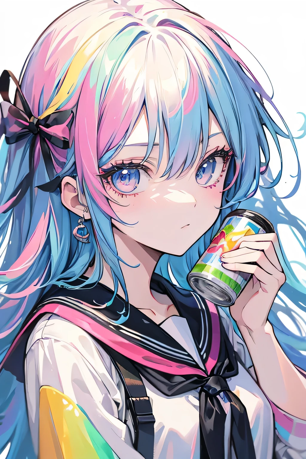 2D, ((high quality)), ((masterpiece)), beauty, ((detailed face)), anime girl with long rainbow-colored hair, white clothes with paint stains ((colorful)), holding a can of paint.