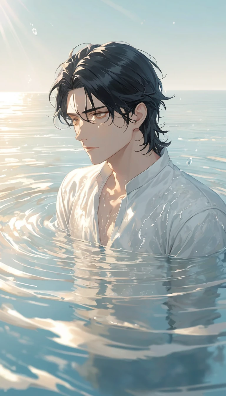 Anime-style male character in water, (long black hair:1.2), (gentle expression:1.1), gold eyes, white outfit noble, (rippling water effect around body:1.3), sunlight reflecting on water, clear sky, subtle water splashes, high-resolution digital art, soft color palette, tranquil atmosphere, (serene ocean background:1.1), realistic water texture
