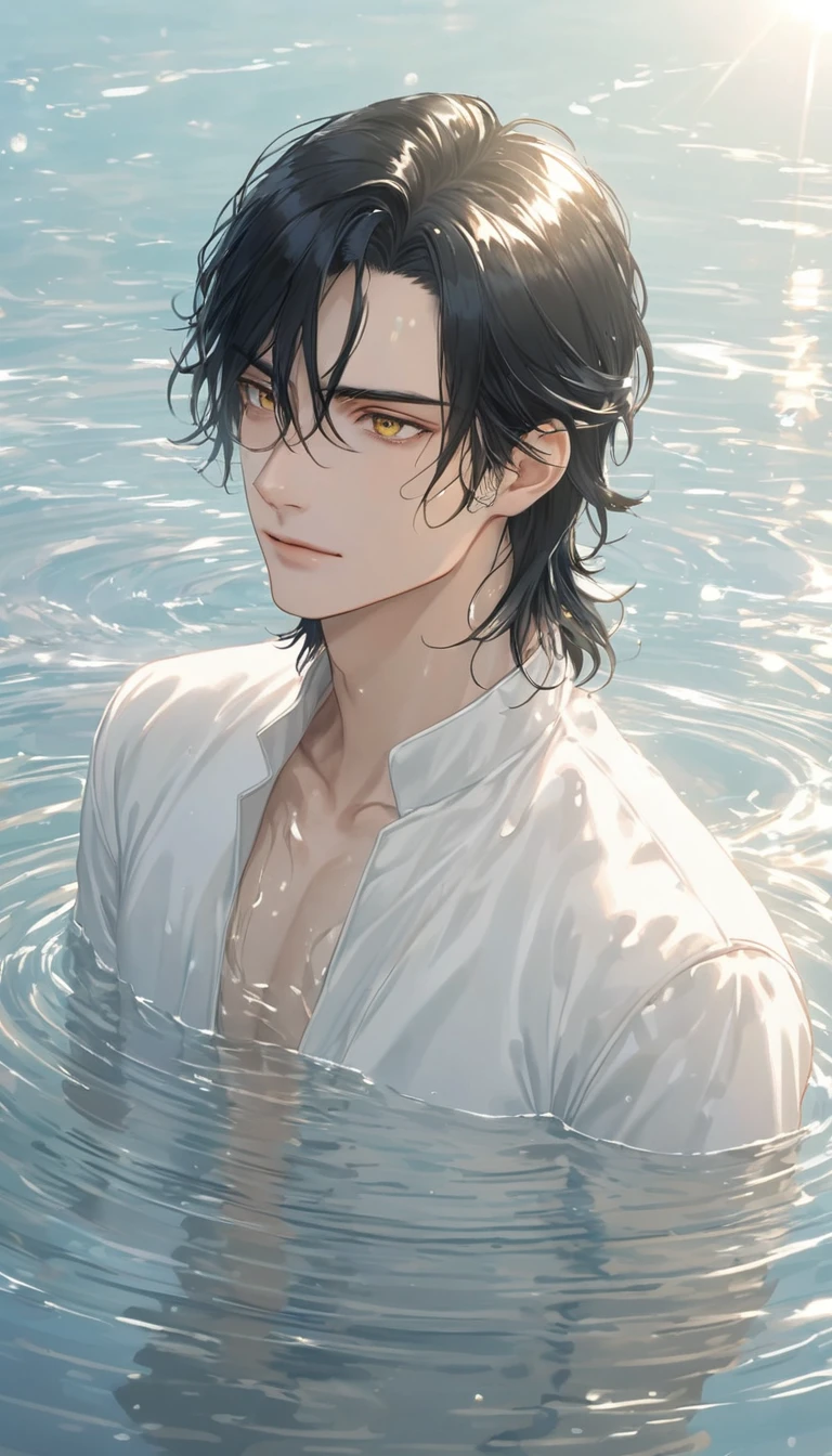 Anime-style male character in water, (long black hair:1.2), (gentle expression:1.1), gold eyes, white outfit noble, (rippling water effect around body:1.3), sunlight reflecting on water, clear sky, subtle water splashes, high-resolution digital art, soft color palette, tranquil atmosphere, (serene ocean background:1.1), realistic water texture