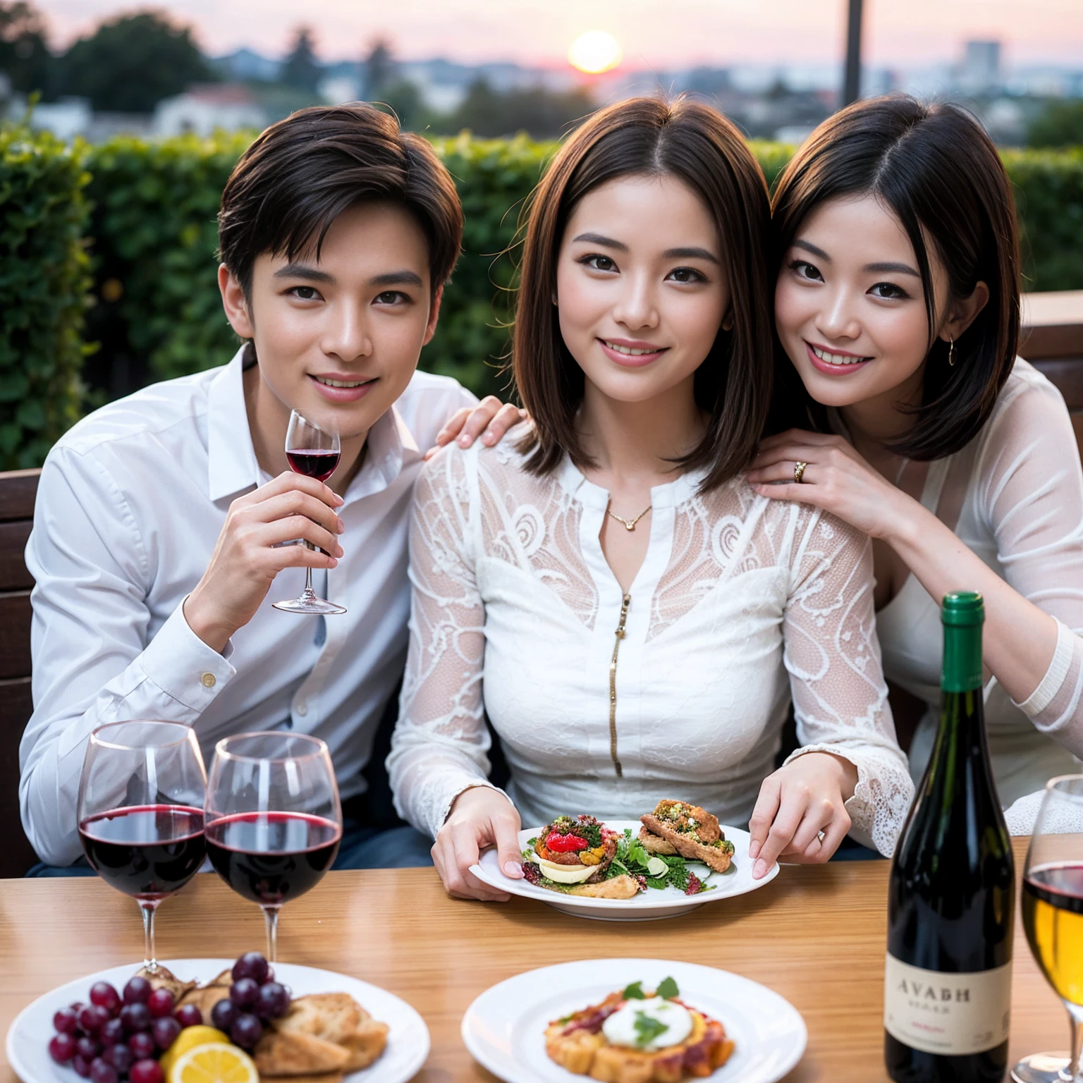 ((Highest quality、8k、masterpiece:1.3))、 (Genuineistic, Genuine、Bright image、Intricate details:1.2), 最高のsmile 男性1人 女性1人、Beautiful Couple、Lovers、Relatives and friends、spouse、actress、Model couple、smile、A full-course dinner with a full table、 (Slim face), (the body is slim), (Brown Hair), (short hair), テーブルのwine glass、Please shine a light on my face、 Amazing view of the sunset sky and clouds、 (Age 33)38 years old, red wine 、Appetizers、Wine bottle、sparkling wine、Long sleeve shirt、dress、White wine, red wine, wine glass,