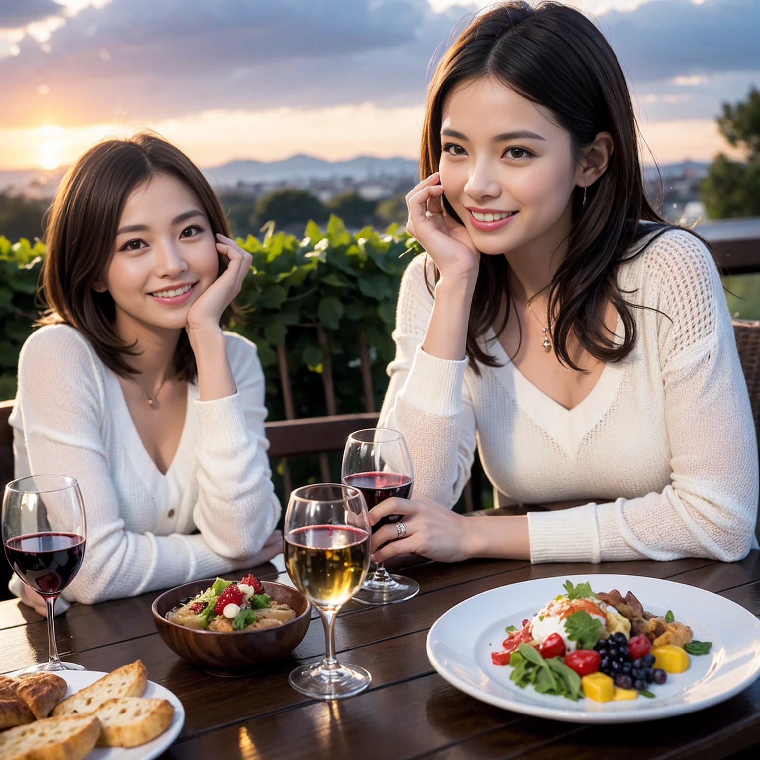 ((Highest quality、8k、masterpiece:1.3))、 (Genuineistic, Genuine、Bright image、Intricate details:1.2), 最高のsmile 男性1人 女性1人、Beautiful Couple、Lovers、Relatives and friends、spouse、actress、Model couple、smile、A full-course dinner with a full table、 (Slim face), (the body is slim), (Brown Hair), (short hair), テーブルのwine glass、Please shine a light on my face、 Amazing view of the sunset sky and clouds、 (Age 33)38 years old, red wine 、Appetizers、Wine bottle、sparkling wine、Long sleeve shirt、dress、White wine, red wine, wine glass,