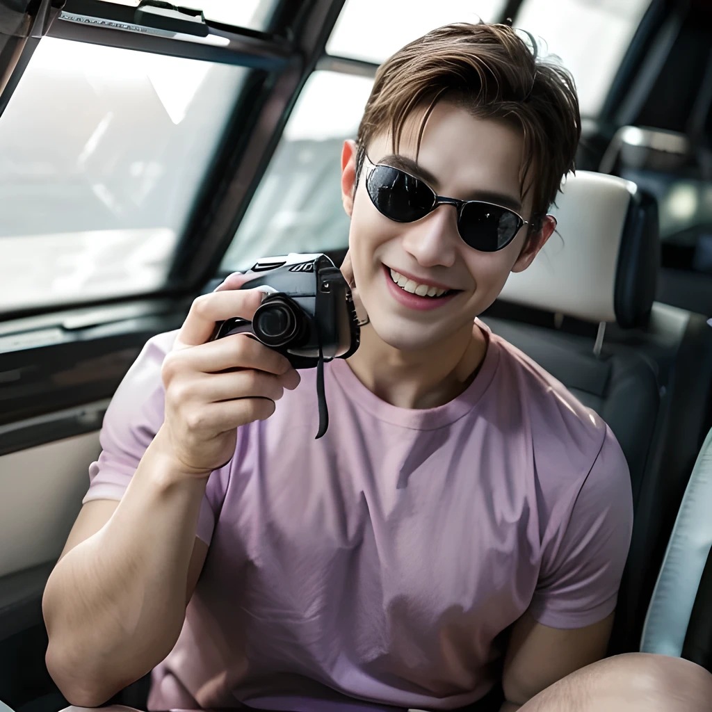 8K, ultra detailed, (realistic:1.2), (1man:1.3), 40yo, (muscular, fat:1.3), (sun glass:1.5), BREAK long hair, gold hair, BREAK (purple t-shirts, laugh, holding video camera:1.3),(smile:1.2), (looking at viewer:1.3), reinopool,