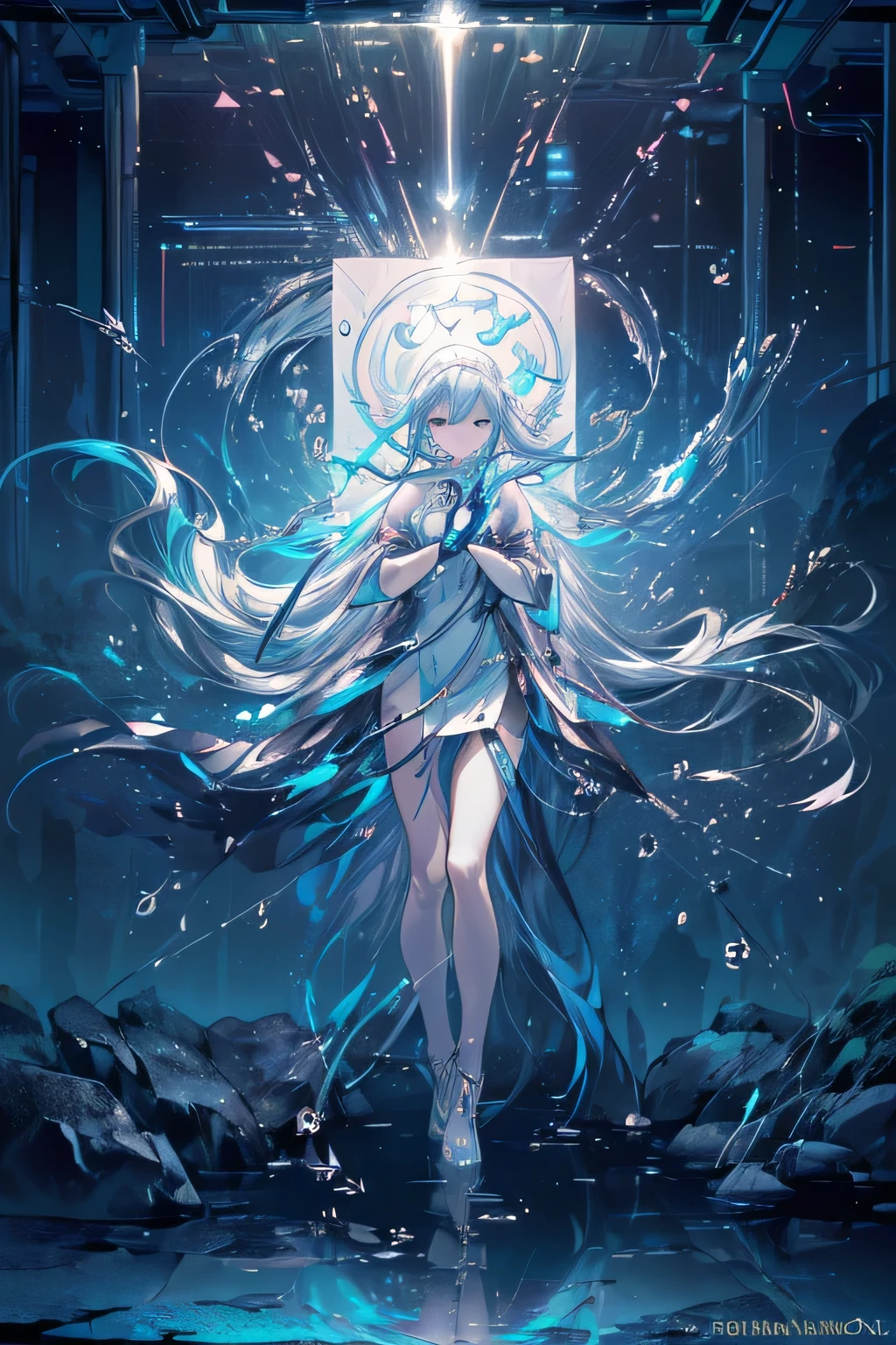 ((((High-quality photorealistic, high-res))), 1girl, confident, standing, (((full-body scan)), [realistic body], (blue eyes), (pale pink skin), ((relaxed)), ((perfect face:0.9), skin also, face), glowing_eyes (((glow:1.1)), (blue glow)), (centered)), (wide shot), facing viewer, (((underwater environment:1.2, oceanic matrix)), (bright lights, circuits, metallic walls))), medium breasts, looking down, ((half closed eyes)), (((perfect hands))), (((outdoors, high_key_lights)), ((render by me))), ((hands at her sides)), (((fogging), (water), (water particles)), ((lively companionannya))), (water ripples), flowing hair, looking at viewer, ((raised chin)), carrying a flashlight and a diving kit, ((30 years old)), )(((((Aquascend standart Geo formatted real Animal vs. environment)))
