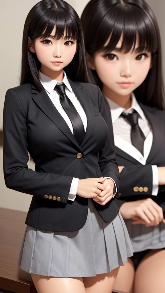 ((high quality)), ((Tabletop)), (Detailed face), (highlight),　Asian Girl、Big breasts、thigh、Black Hair、Heavy bangs、high school girl、skirt、blazer、