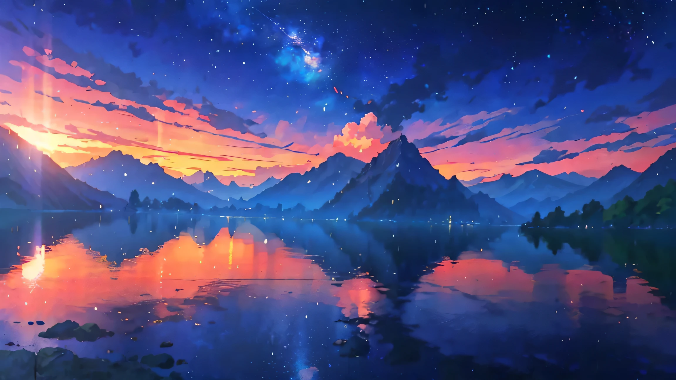 Towering mountains reflected in the calm waters of a clear lake々Painted、Anime-style scene of tranquil scenery. by Makoto Shinkai, anime art wallpaper 4k, anime art wallpaper 4k, Anime Art Wallpapers 8K, anime wallpaper 4k, anime wallpaper 4k, 4k anime wallpaper, Anime Sky, Awesome Wallpapers, Anime Background, Heavenly planets in the background, Anime Background art