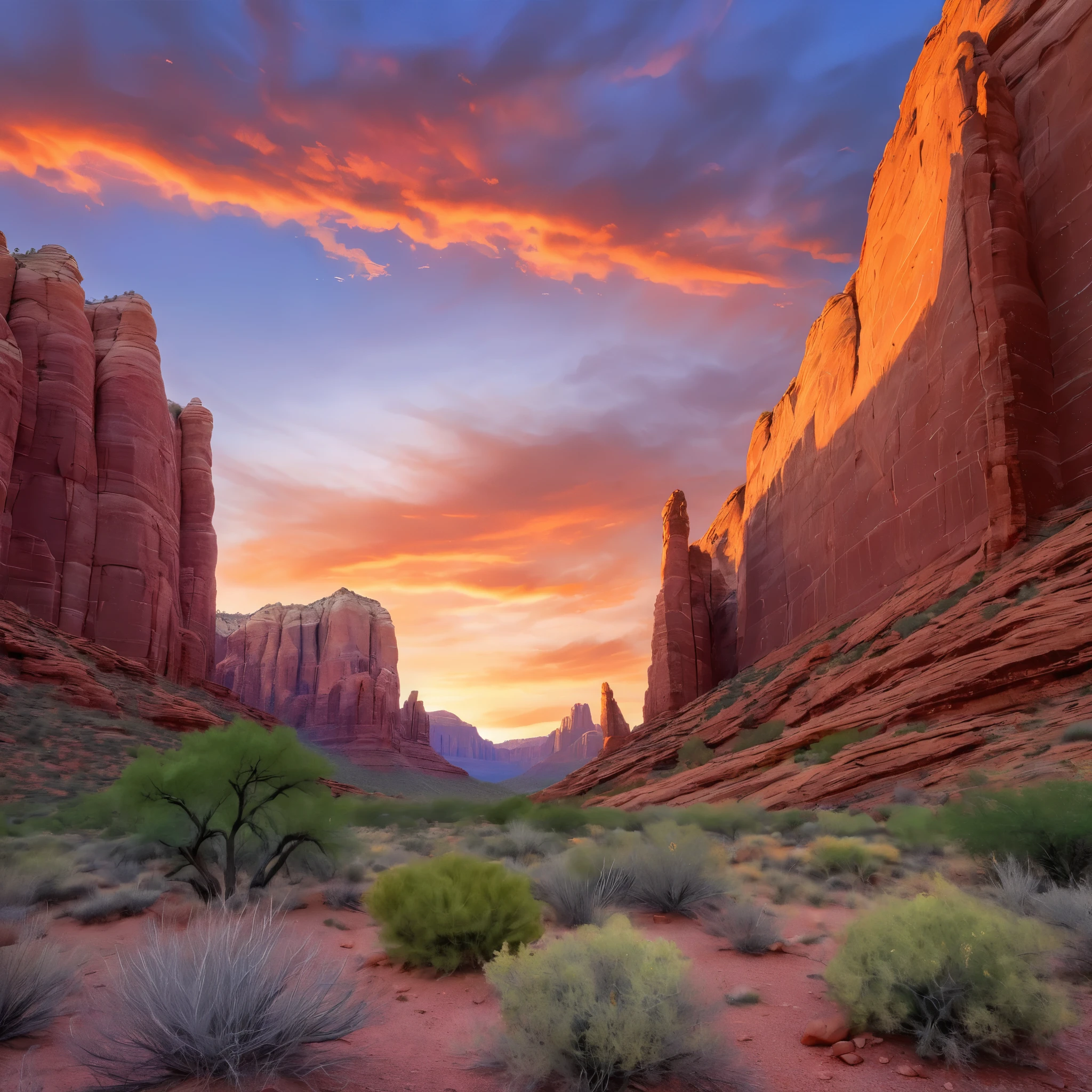 Create an incredibly amazing and fantastical image featuring the Arizona Red Rocks. Imagine a breathtaking landscape where the iconic red rock formations of Arizona are enhanced with surreal and magical elements. The scene is set at sunset, with the sky painted in vibrant hues of orange, pink, and purple, casting a warm glow over the landscape.
In the foreground, towering red rock formations rise majestically, their rugged surfaces detailed with intricate patterns and ancient petroglyphs that glow faintly. Nestled among the rocks are cascading waterfalls with crystal-clear water that shimmers in the fading light, creating pools that reflect the sky's colors.
Among the rock formations, unique flora flourishes—plants with bioluminescent leaves and flowers that emit a soft, ethereal light. A group of majestic, mythical creatures, such as winged horses or luminous deer, can be seen gracefully navigating the terrain, adding a touch of fantasy to the scene.
In the background, the landscape extends into a vast desert, dotted with more red rock formations and mysterious ruins of an ancient civilization. The ruins are partially covered in sand and overgrown with vines, suggesting a history long forgotten.
The color palette should be rich and warm, with the red rocks contrasted against the glowing elements and the vibrant sky. Use detailed, flowing lines to capture the rugged beauty of the rocks and the magical atmosphere of the scene.
The entire image should evoke a sense of wonder, tranquility, and the enchanting beauty of the Arizona Red Rocks, enhanced with fantastical elements to create a truly unique and captivating masterpiece.