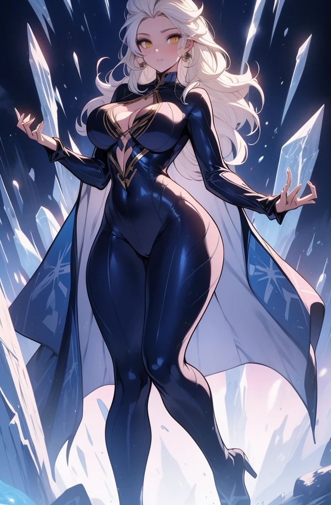 female, young, sexy body, voluptuous figure, tightsuit, white hair, decolored blonde hair, ice effects around, ice queen, beautifull face, long hair, defined body, yellow and bright eyes, thick legs, strong legs, tall, Voluptuous legs, huge ass, big hip, big ass, female sorcerer, blue robes,