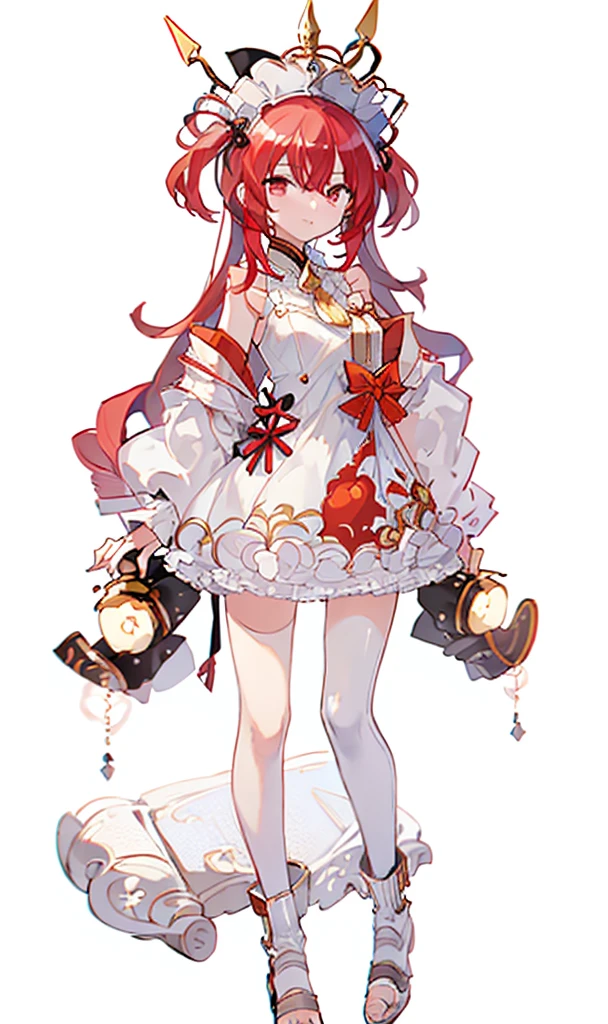 A girl，whole body，Standing picture，Character Design，Red Hair，apple，Complex headdress，Complex clothes