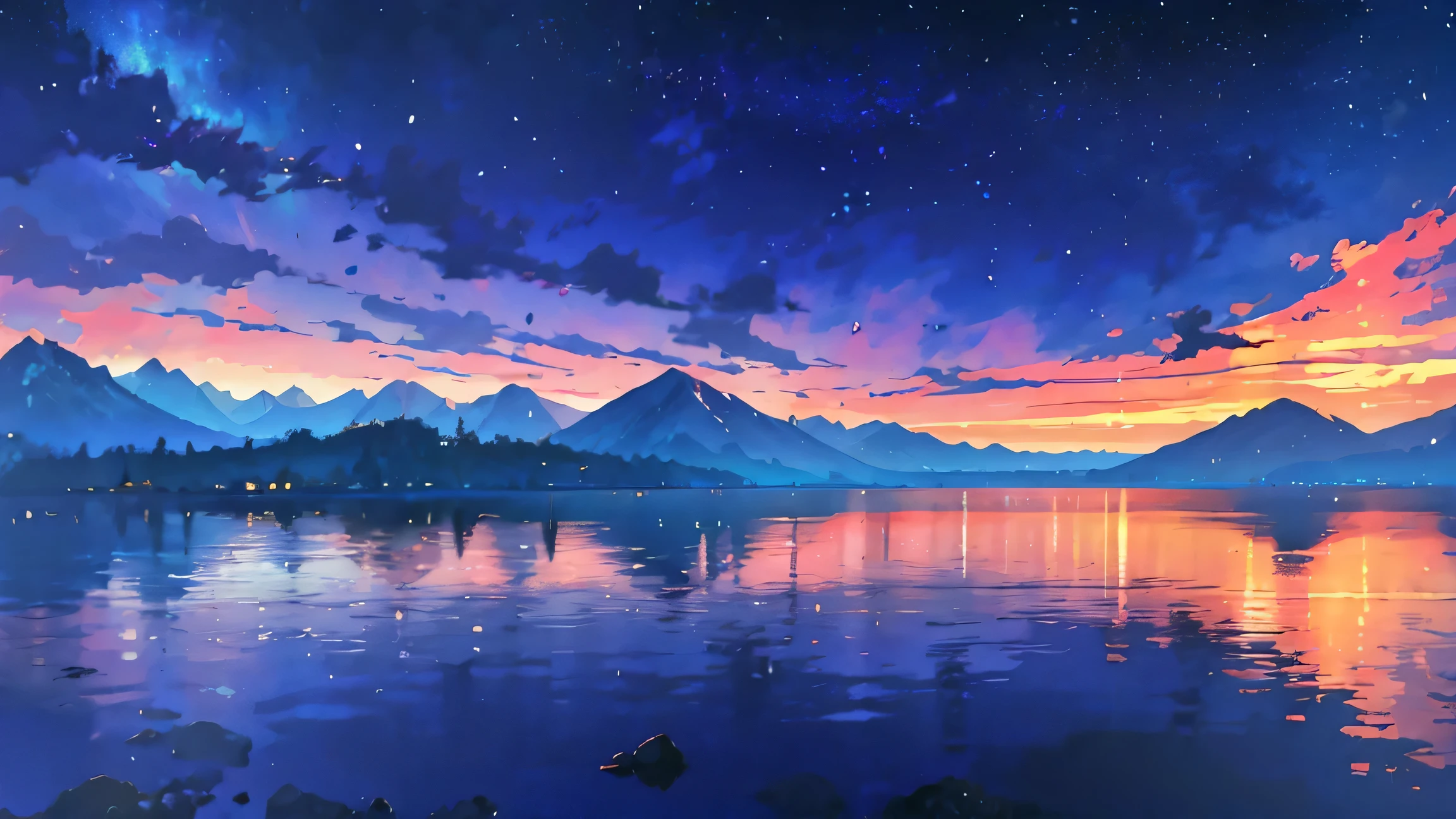 Towering mountains reflected in the calm waters of a clear lake々Painted、Anime-style scene of tranquil scenery. by Makoto Shinkai, anime art wallpaper 4k, anime art wallpaper 4k, Anime Art Wallpapers 8K, anime wallpaper 4k, anime wallpaper 4k, 4k anime wallpaper, Anime Sky, Awesome Wallpapers, Anime Background, Heavenly planets in the background, Anime Background art