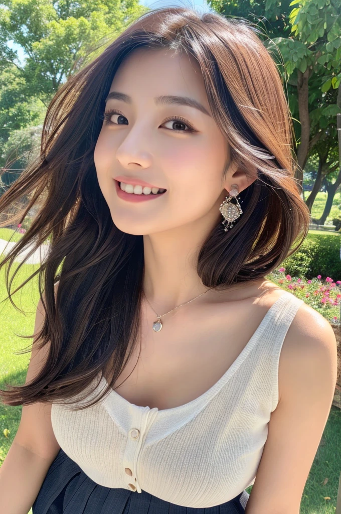 8K Super Resolution、Beauty、One Woman、Dark Brown Hair:1.1、Highly detailed face、Lips detail、important、(Eyes meet)、double eyelid、Princess Eyes、Beautiful Japanese Women、Beautiful Japanese Women、Sensual lips、Bewitching body、20th Generation、(21 years old)、far and near method、 Realistic Japanese women、Wearing a super realistic detailed tank top and mini skirt、Hair blowing in the wind、I can see your chest、Crisp images、The delicate sparkle of the eyes、Ultra-realistic detailed park with river、リアルで詳細なBeautiful breasts、color々Hair style、Smiling with a nice smile、Beautiful breasts、