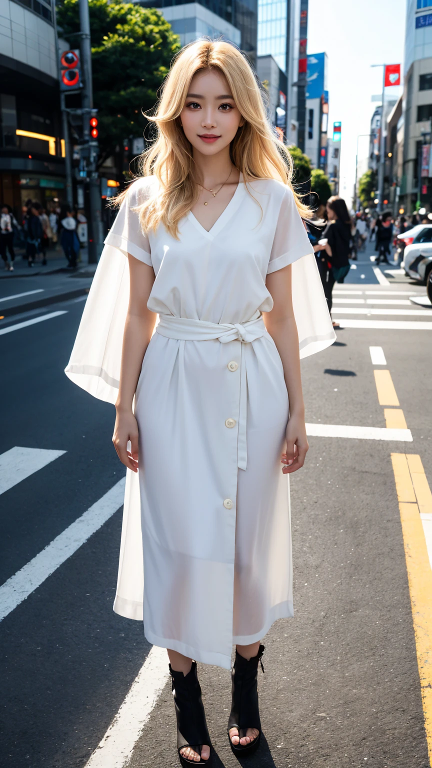 full body shot,(8k, photorealistic, RAW photo, highest quality), transparent clarity, Japanese woman, brightest blonde hair, medium-length hair, heavy makeup, light eyebrows, young person's clothing,full body shot, modest attire, extremely detailed face, double eyelids, sharp focus, beautiful woman, highest quality, masterpiece, ultra-high resolution, (photorealistic), very detailed and professionally lit smile, thin, serious expression, Shibuya, intersection,full body shot, looking straight ahead, gold-colored contact lenses, ultra-high-definition photo, (beautiful facial details, detailed skin texture, ultra-detailed body),Standing and looking at the camera,shibuya cityscape,Lunchtime,Light brown eyes,Light colored eyebrows,Looking at the camera from the front,Young people's clothing,Rough clothing