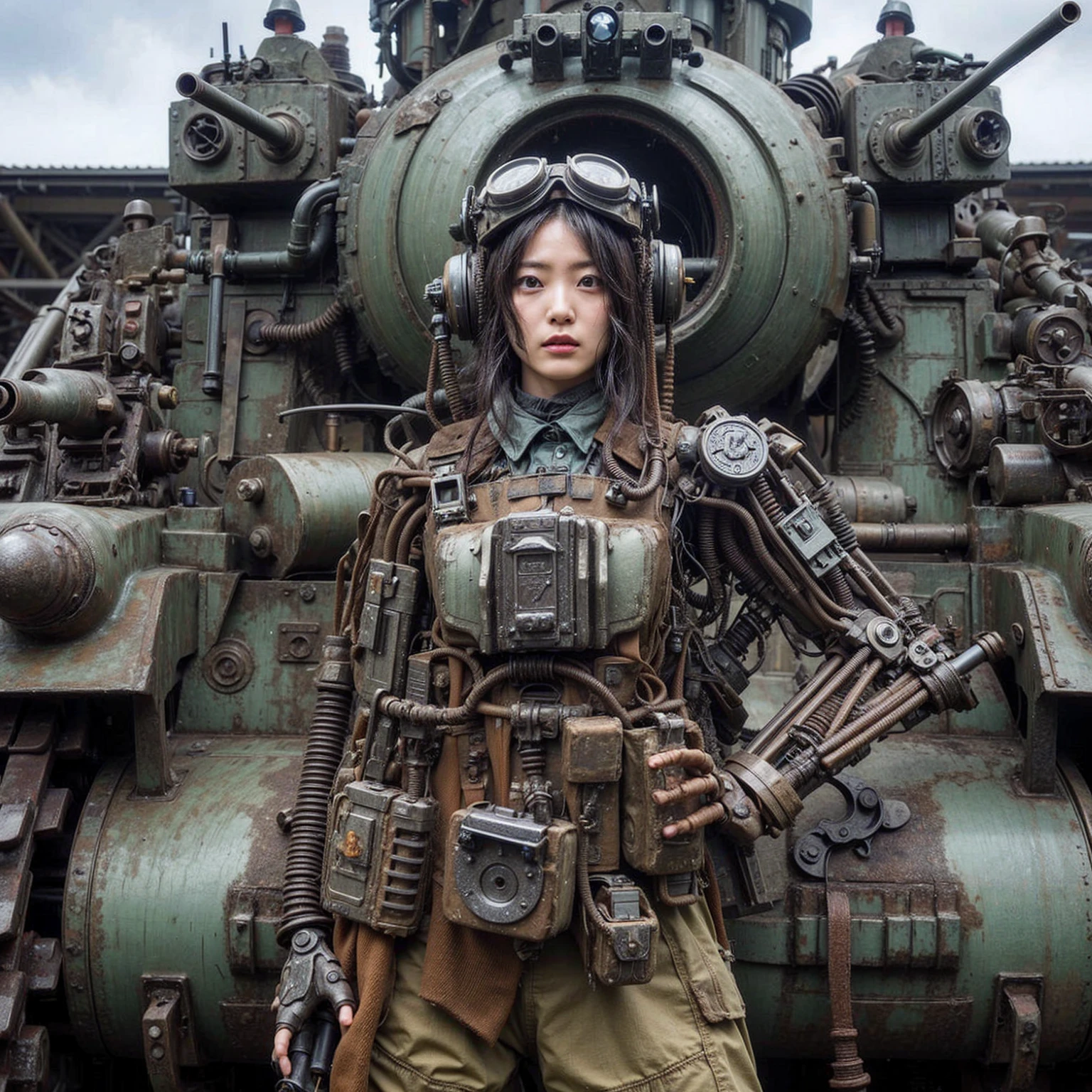 ((super intricate all details)),((super realistic all textures)),Overall photo of a female soldier sitting on a piece of fictional WWII Japanese military type weapon, beautiful face, dirty clothes, very intricate details, olive drab paint, peeling paint, weathering, rust, taken with Fuji film X-T30+Nokton. HDR10
