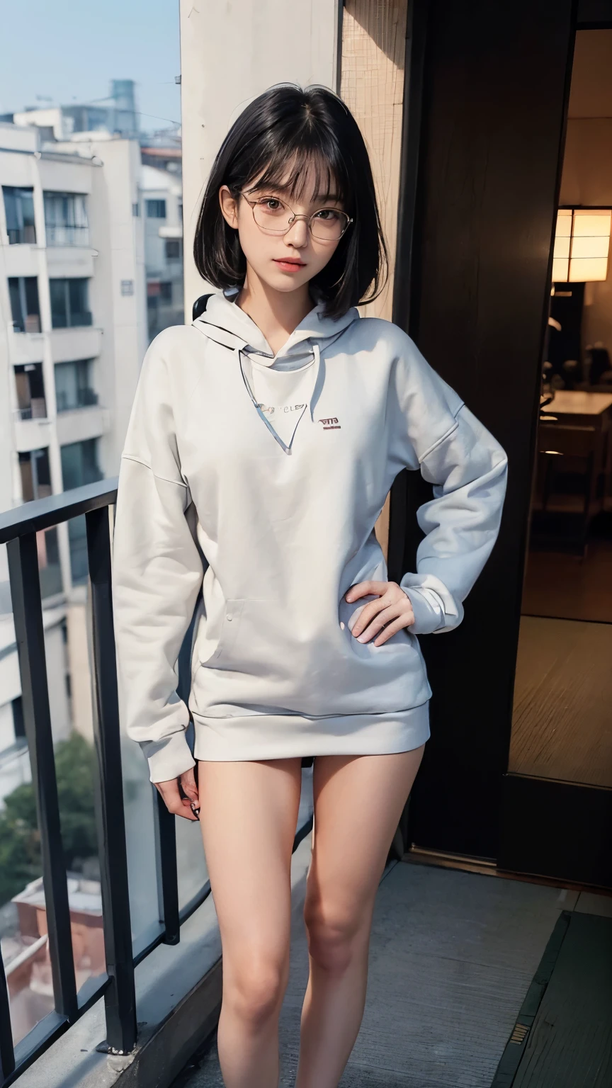 (((Clothing:2.0, Long sweatshirt:2.0))), ((Composition from the thighs up:1.8)), ((Balcony of a Japanese apartment:2.0)), ((Clothing:2.0, Long sweatshirt:2.0, The lower half is naked:2.0, Glasses:1.8)), ((Smile, short hair:1.5, Small breasts:1.5, slender:1.5, Small Ass:1.5)), ((Japanese, 1 Girl, 18-year-old, 7 heads, Ideal body proportions, Black Hair, With bangs, Small breasts, Erect nipples, slender, Small Ass, Beautiful feet, Skinny Legs)), Surrealism, Cinematic Lighting, Depth of written boundary, First Person View, F/1.8, 135mm, Ticker, Mastepiece, Curate, ((Anatomically correct:1.3)), Textured skin, Super Detail, High detail, High quality, Awards, Best Quality, High resolution, 8k