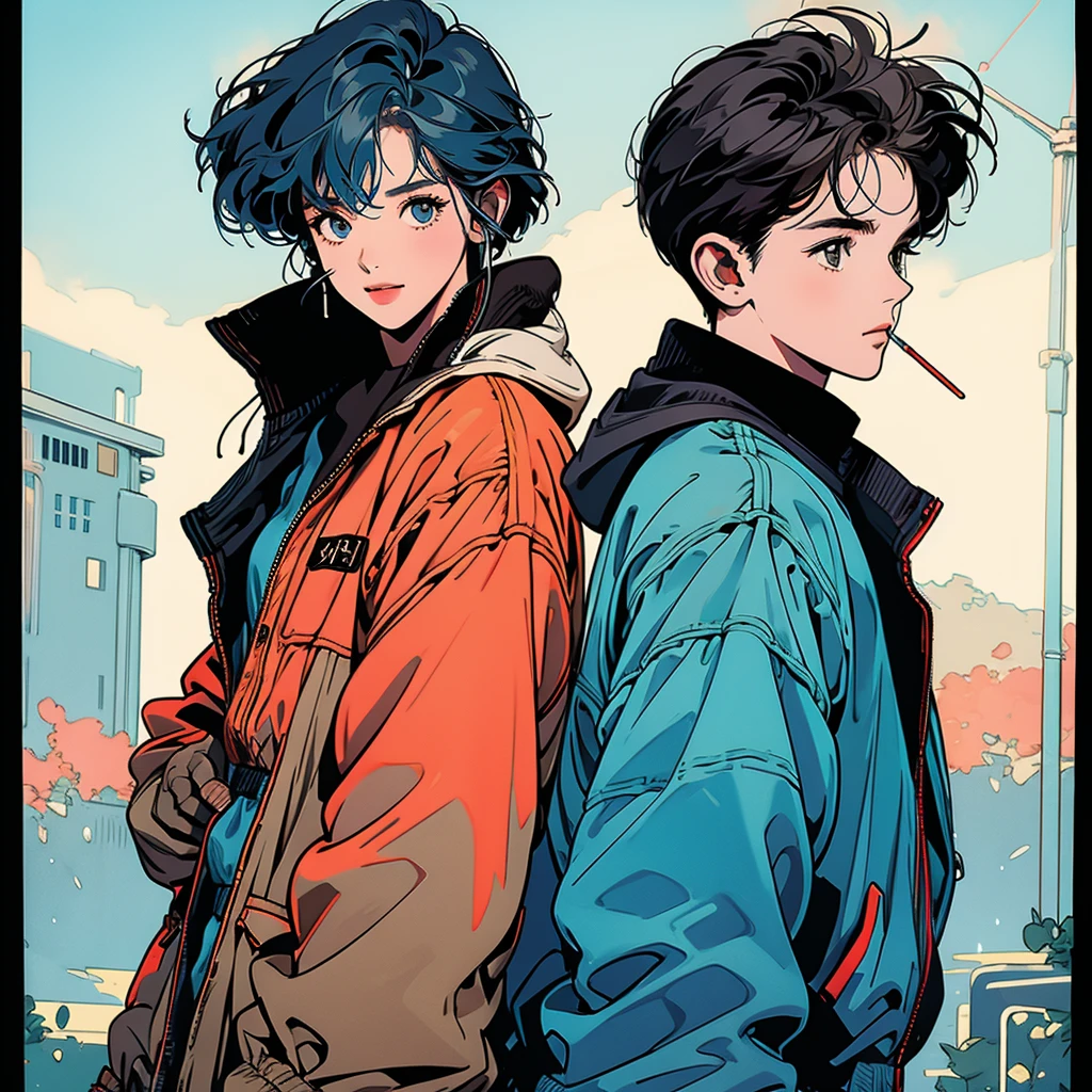 whole body、Kind Face、One beautiful woman、Hooded parka、skirt、pedestrian crossing、Signal 、intersection、Complex background、Brown Hair、smile、Blue Hair、Faint lighting、Wearing headphones、short hair,tobaccoを吸う,Hold a cigarette,tobacco
