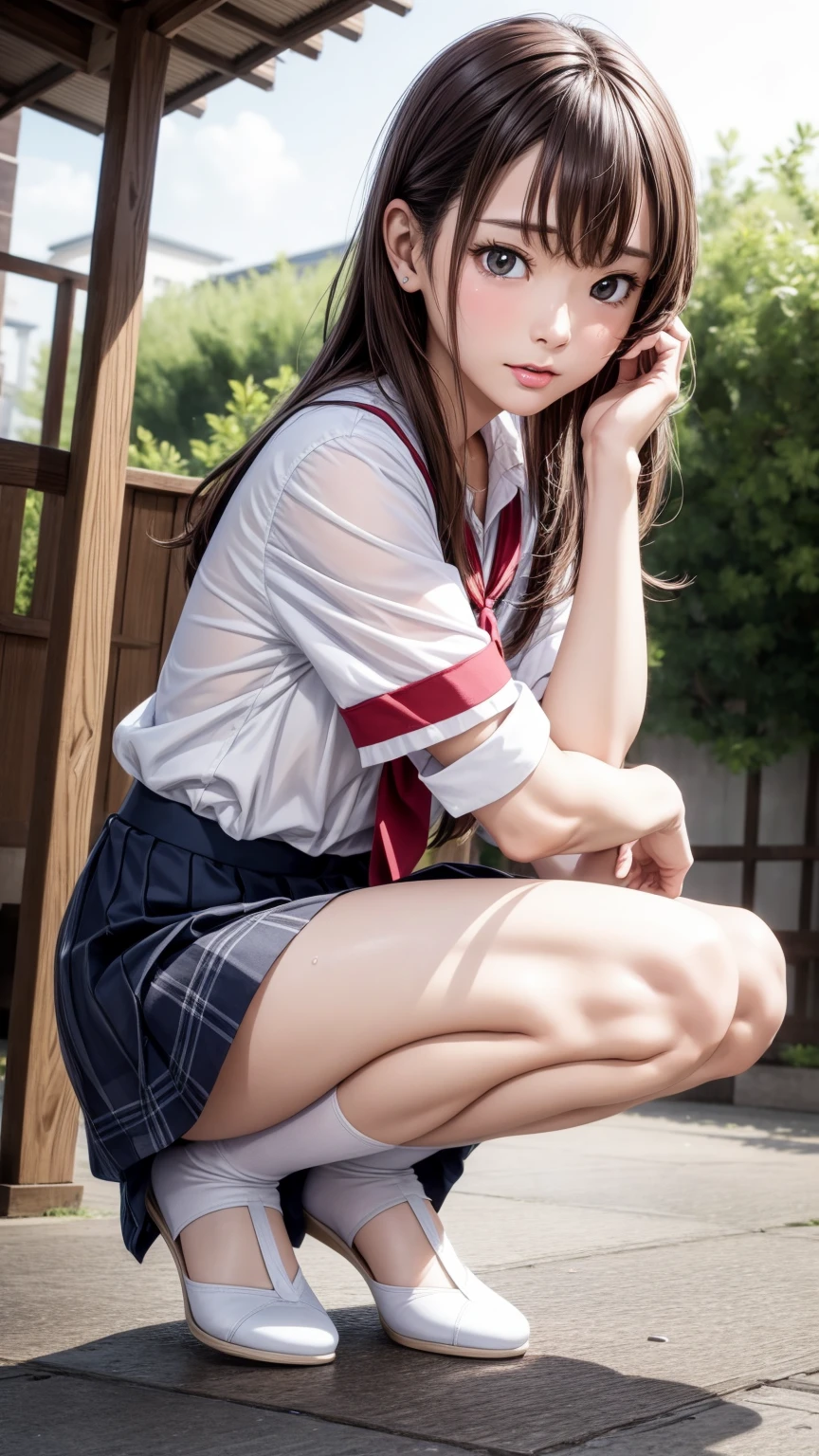 8K quality、High resolution、Realistic skin texture、High resolutionの瞳、A woman with a mature appearance、Japanese summer high school girls uniform、Princess Hair、thin、Realistic Female Genitalia、Small breasts、Realistic tongue、Small breastsの谷間、Brown Hair、thin脚、Sweating profusely、Sweat accumulates in the chest、Evening schoolyard、Bare feet、Full body photography、Wet clothes